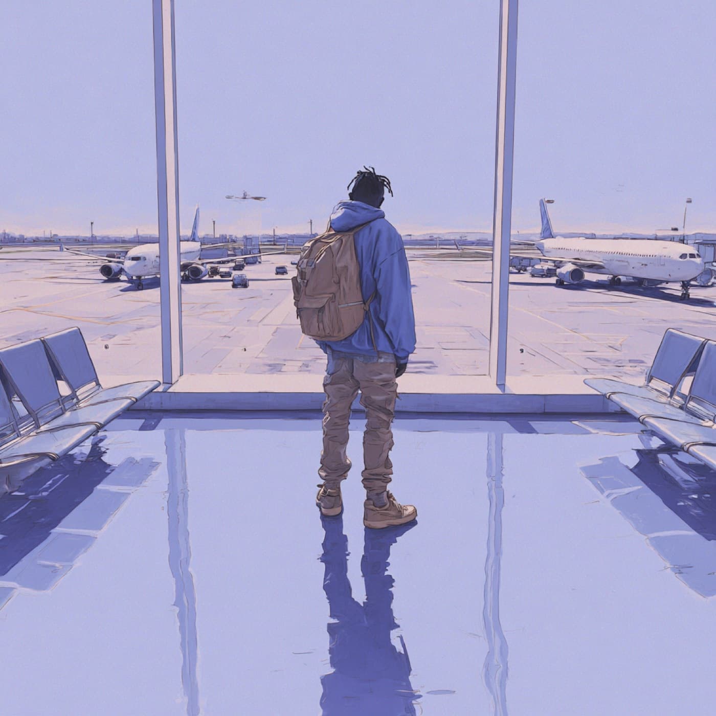 Giovane professionista della ristorazione in aeroporto con lo zaino, pronto a partire per un lavoro all'estero