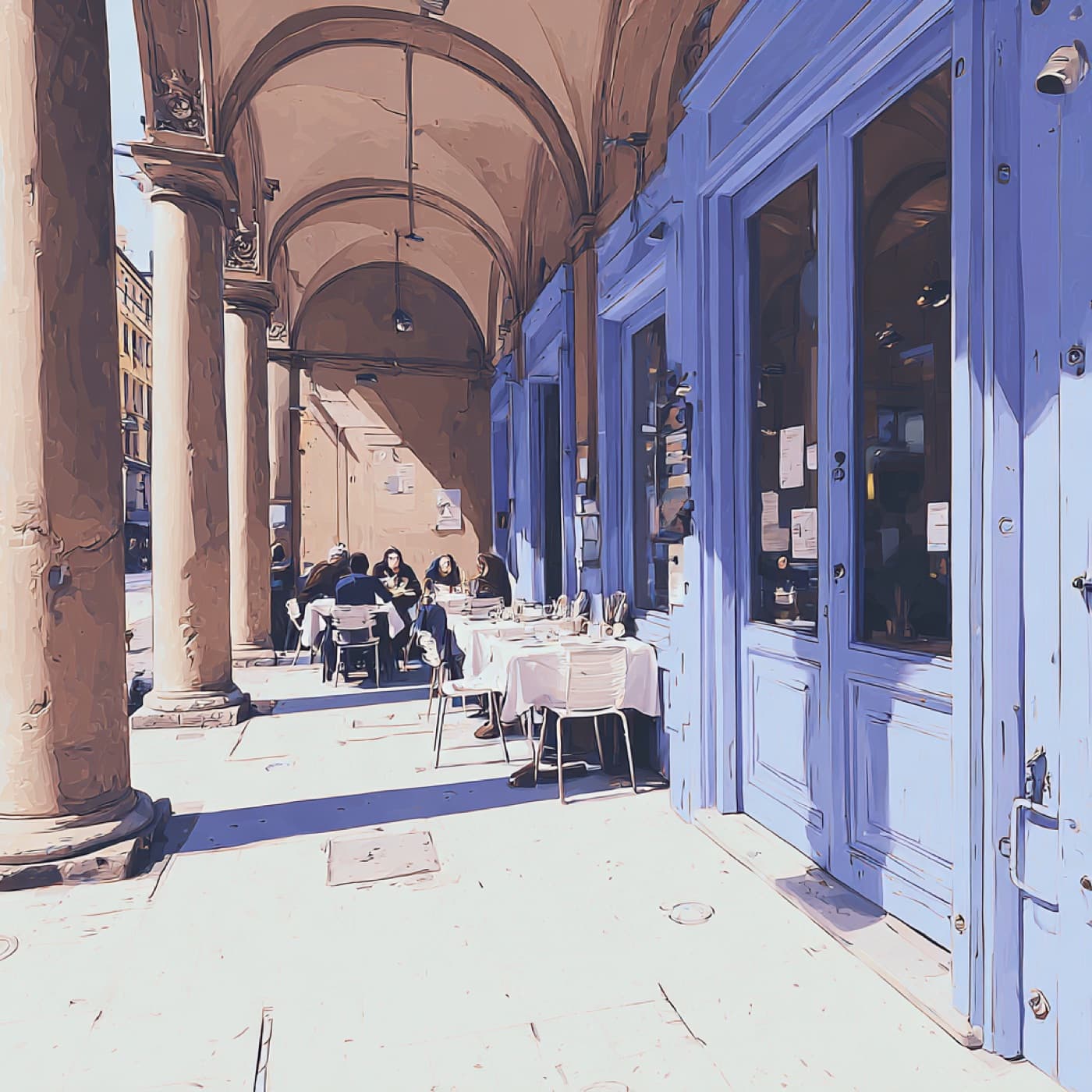 Portici di Bologna con la vetrina di un ristorante
