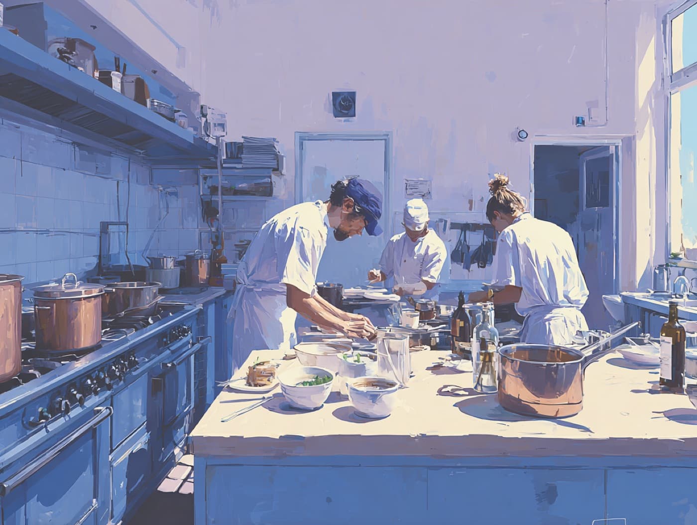 Brigata di cucina al lavoro sul passe durante il servizio