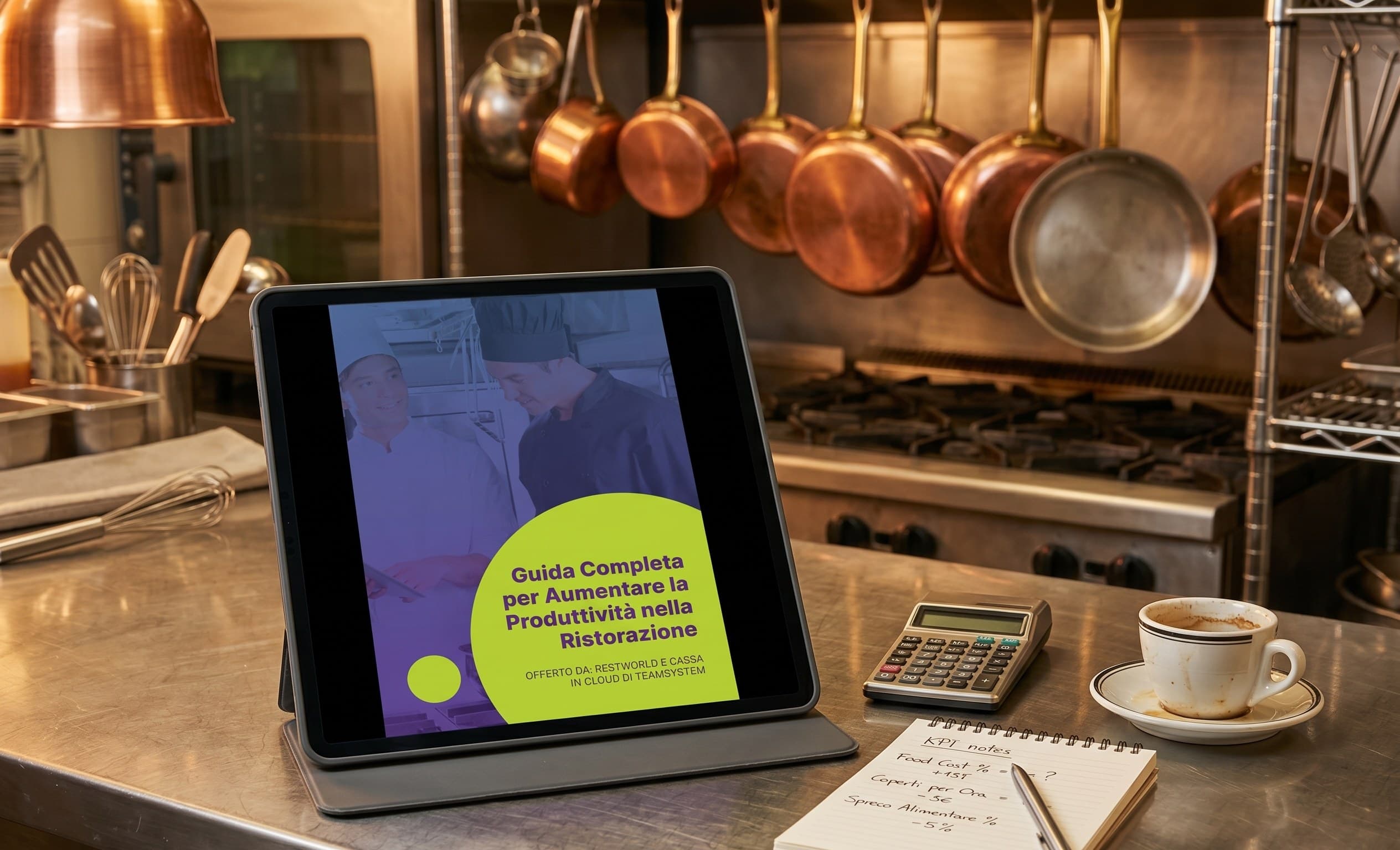 Il White Paper Restworld × Cassa in Cloud aperto su iPad in una cucina professionale, con calcolatrice, tazzina di caffè e block notes con KPI scritti a mano
