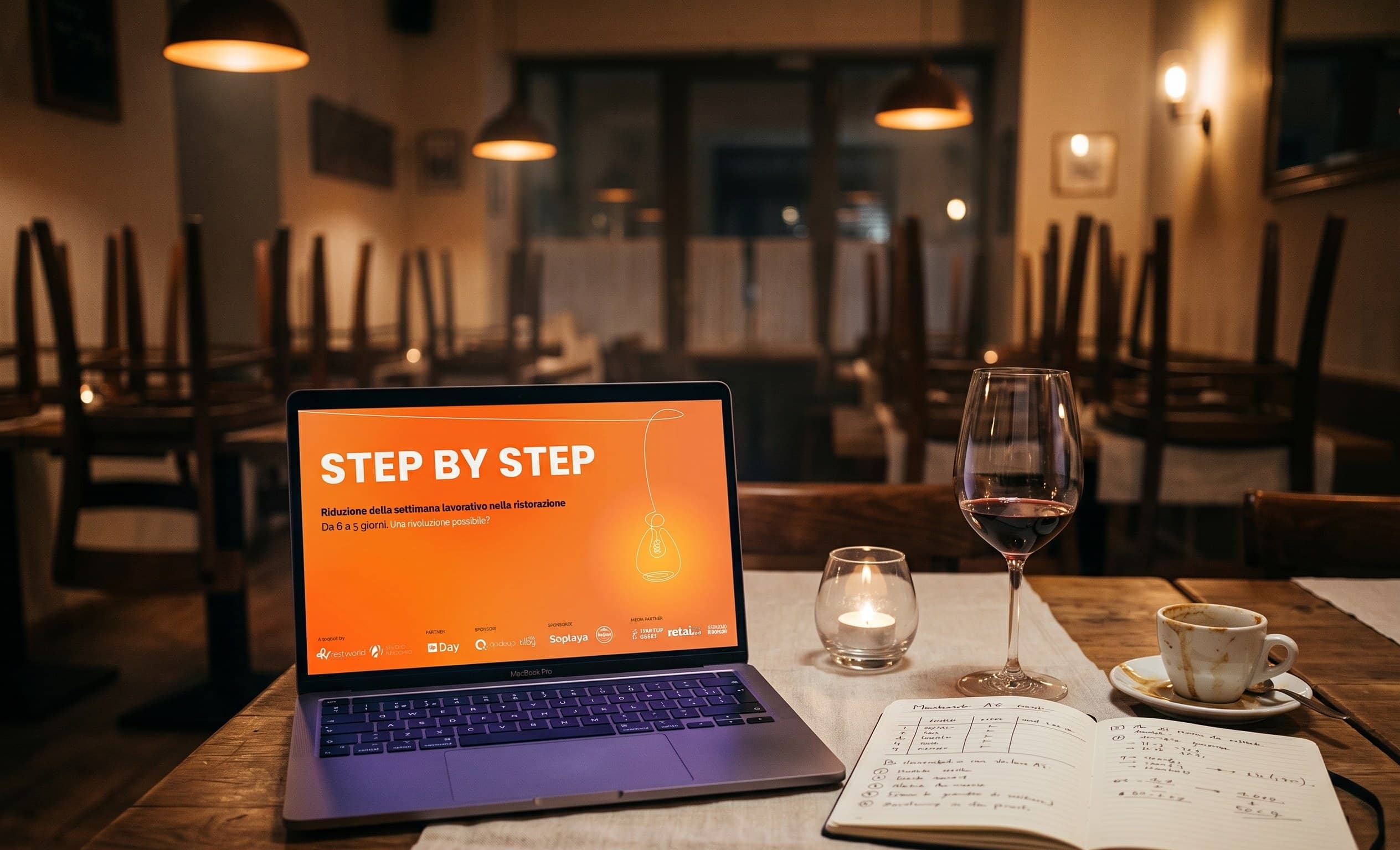 Il playbook Step by Step di Restworld aperto su un MacBook in una sala di ristorante a fine servizio, con calice di vino e block notes a fianco